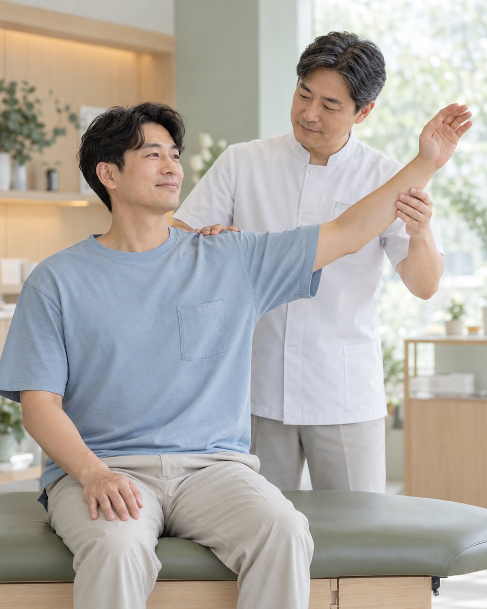 통증 진료 상담과 신체 상태 확인을 표현한 연출 이미지