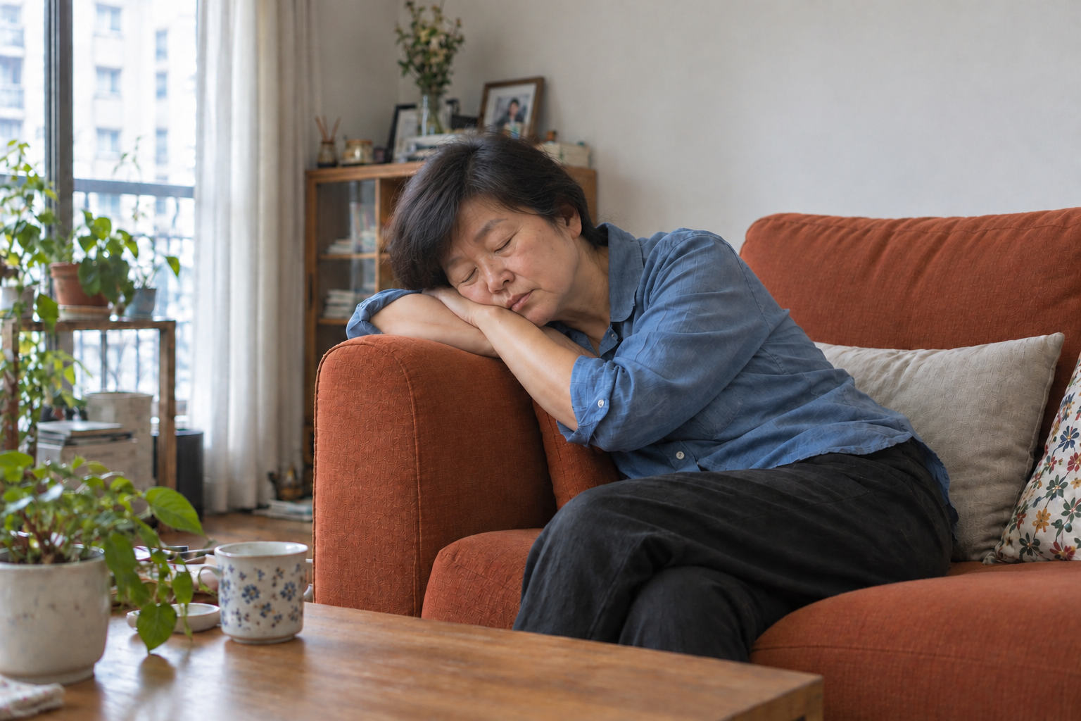소파에 기대 잠시 쉬고 있는 중년 여성