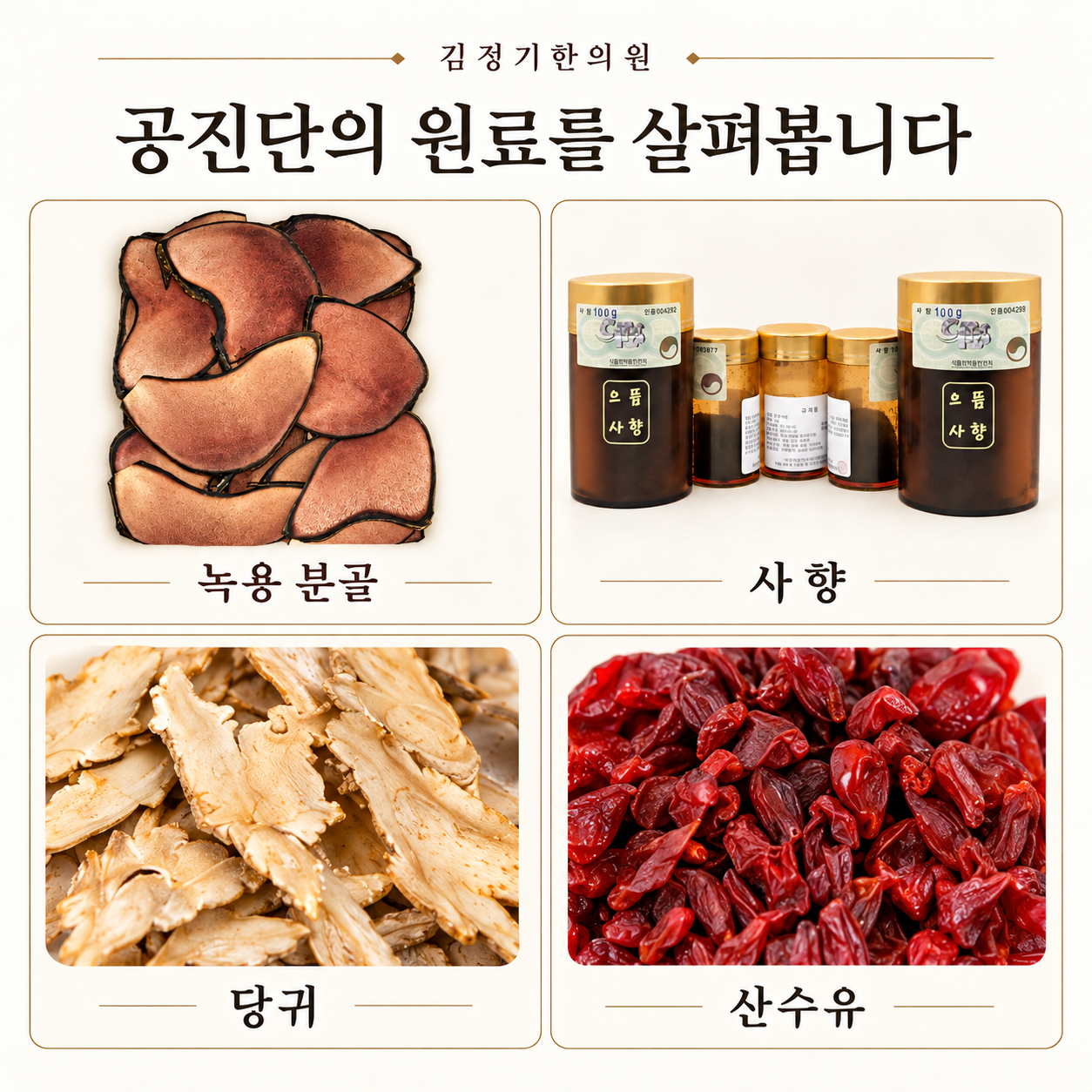 공진단 원료 네 가지: 녹용 분골, 사향, 당귀, 산수유